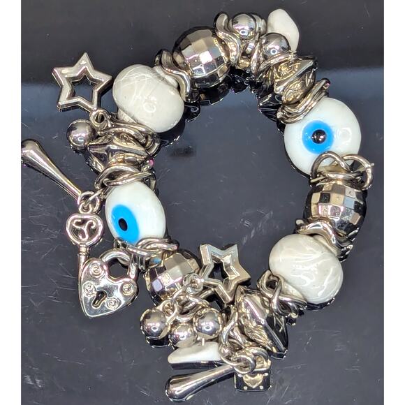 Evil Eye Stretch Bracelet, Silver-tone, Lock/Key/Star Charms, Glass Eyes - Picture 3 of 4